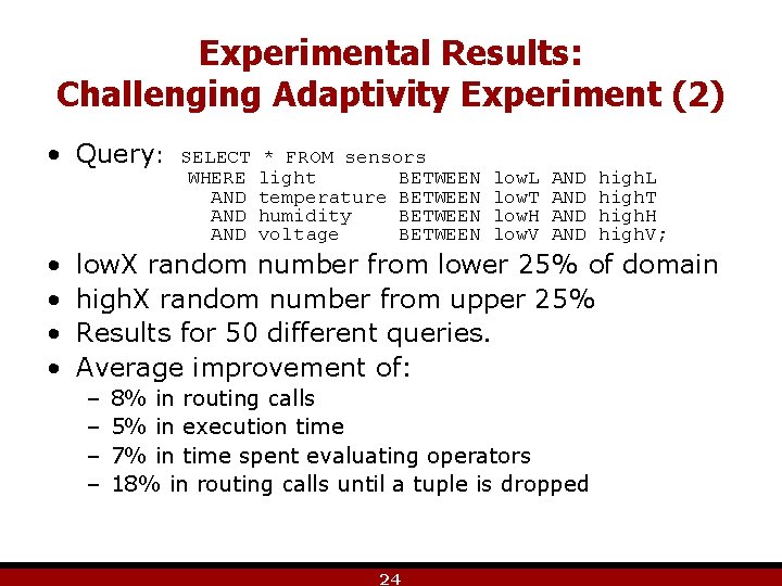Experimental Results: Challenging Adaptivity Experiment (2) • Query: • • SELECT WHERE AND AND