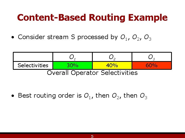Content-Based Routing Example • Consider stream S processed by O 1, O 2, O