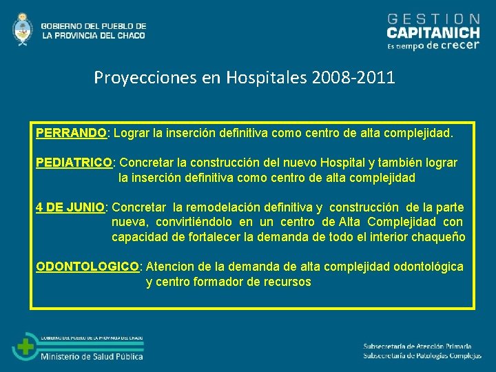 Proyecciones en Hospitales 2008 -2011 PERRANDO: Lograr la inserción definitiva como centro de alta