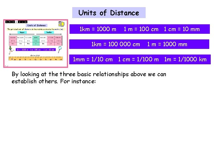 Units of Distance 1 km = 1000 m 1 m = 100 cm 1