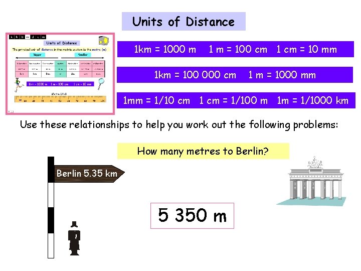 Units of Distance 1 km = 1000 m 1 m = 100 cm 1