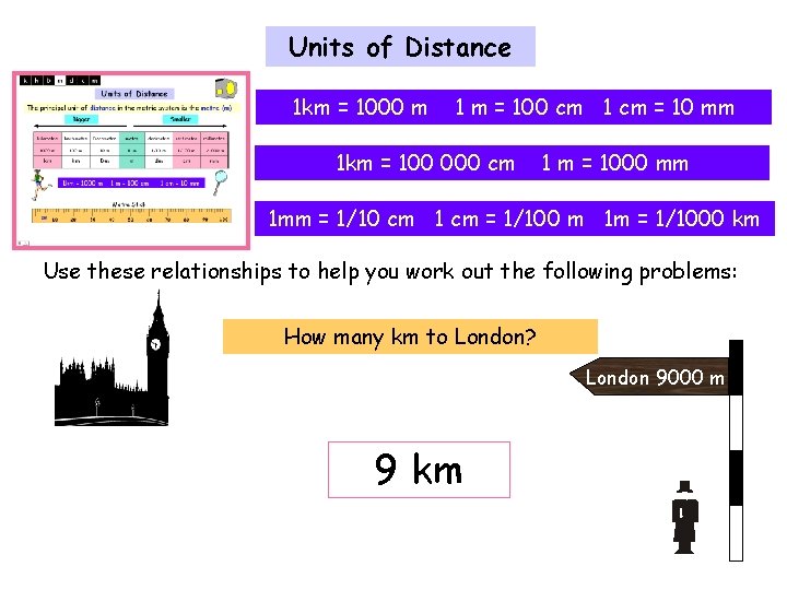 Units of Distance 1 km = 1000 m 1 m = 100 cm 1