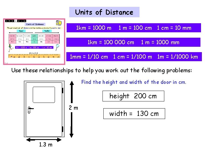 Units of Distance 1 km = 1000 m 1 m = 100 cm 1