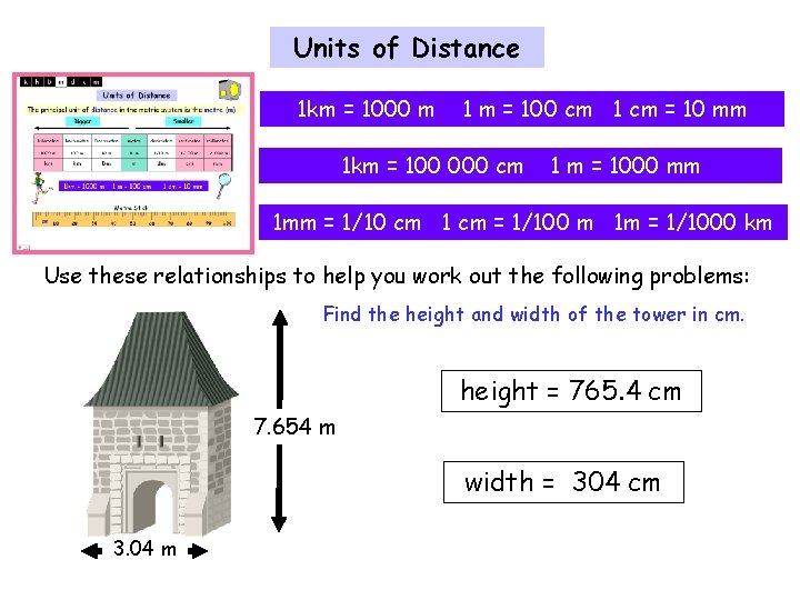 Units of Distance 1 km = 1000 m 1 m = 100 cm 1