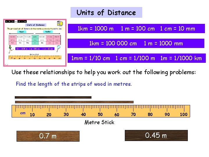 Units of Distance 1 km = 1000 m 1 m = 100 cm 1