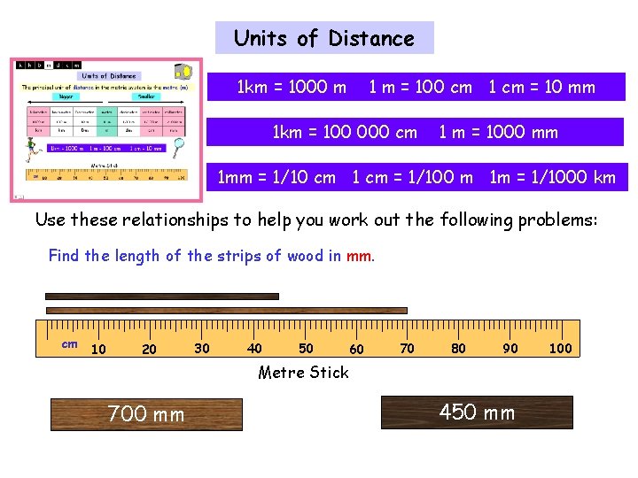 Units of Distance 1 km = 1000 m 1 m = 100 cm 1