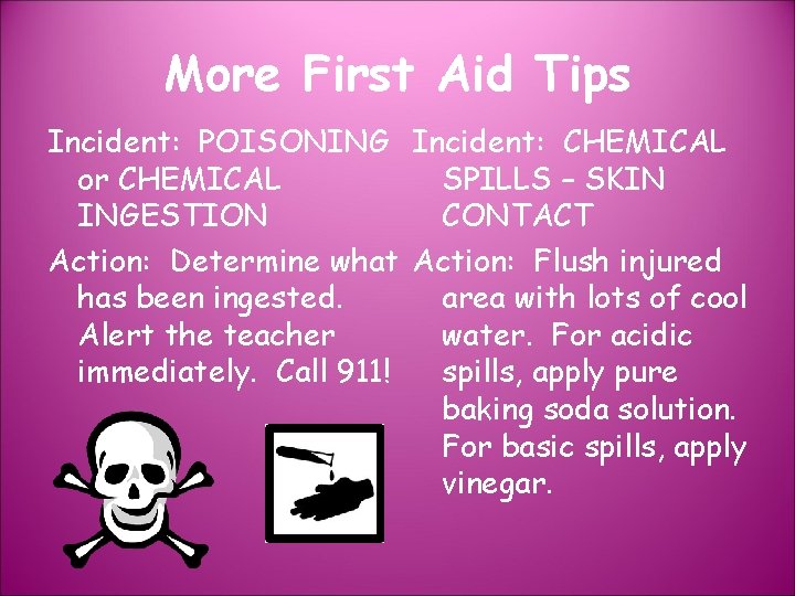 More First Aid Tips Incident: POISONING Incident: CHEMICAL or CHEMICAL SPILLS – SKIN INGESTION