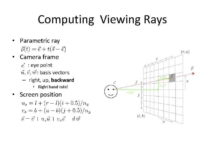 Computing Viewing Rays • Parametric ray • Camera frame : eye point : basis