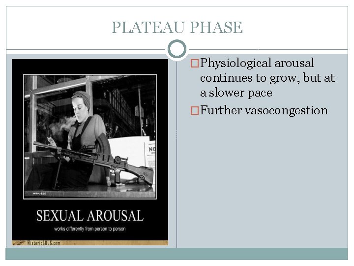 PLATEAU PHASE �Physiological arousal continues to grow, but at a slower pace �Further vasocongestion