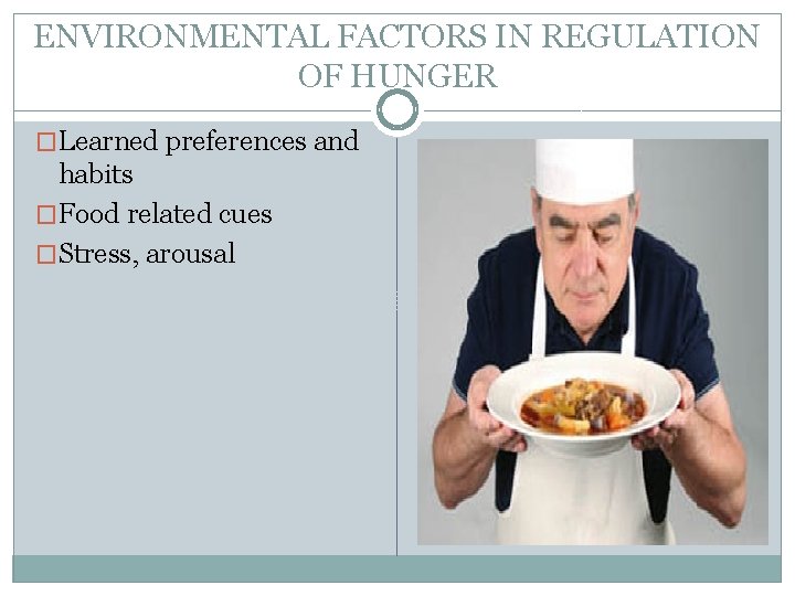 ENVIRONMENTAL FACTORS IN REGULATION OF HUNGER �Learned preferences and habits �Food related cues �Stress,