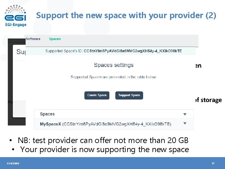 Support the new space with your provider (2) Copy here. Support your token Select