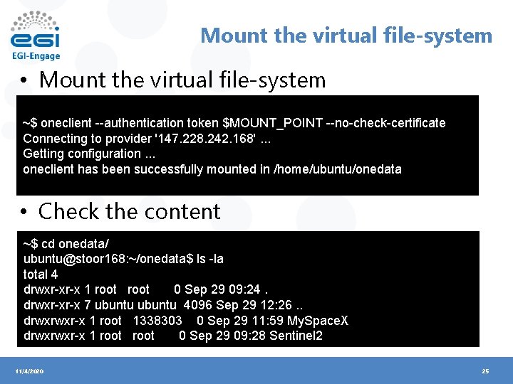 Mount the virtual file-system • Mount the virtual file-system ~$ oneclient --authentication token $MOUNT_POINT