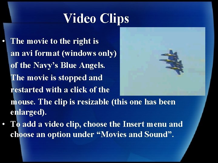 Video Clips • The movie to the right is an avi format (windows only)