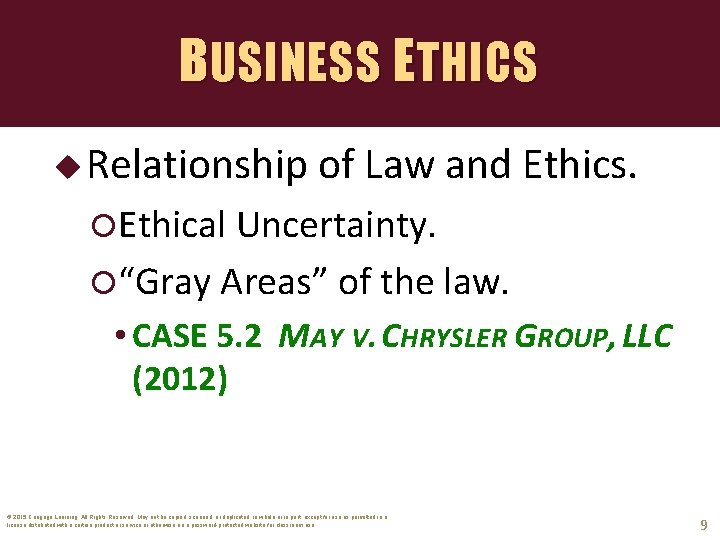 BUSINESS ETHICS u Relationship of Law and Ethics. Ethical Uncertainty. “Gray Areas” of the
