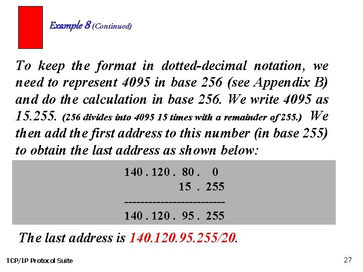 Example 8 (Continued) To keep the format in dotted-decimal notation, we need to represent