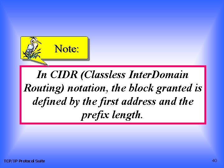 Note: In CIDR (Classless Inter. Domain Routing) notation, the block granted is defined by