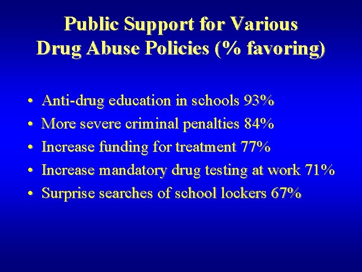 Public Support for Various Drug Abuse Policies (% favoring) • • • Anti-drug education
