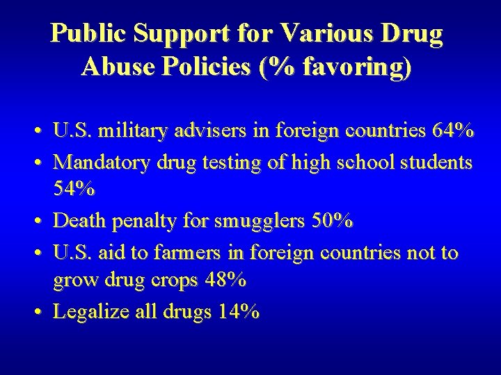 Public Support for Various Drug Abuse Policies (% favoring) • U. S. military advisers