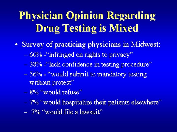 Physician Opinion Regarding Drug Testing is Mixed • Survey of practicing physicians in Midwest:
