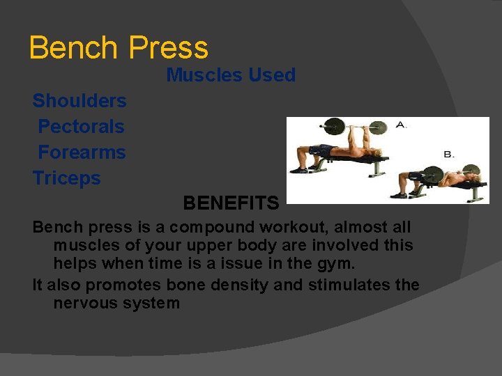 Bench Press Muscles Used Shoulders Pectorals Forearms Triceps BENEFITS Bench press is a compound