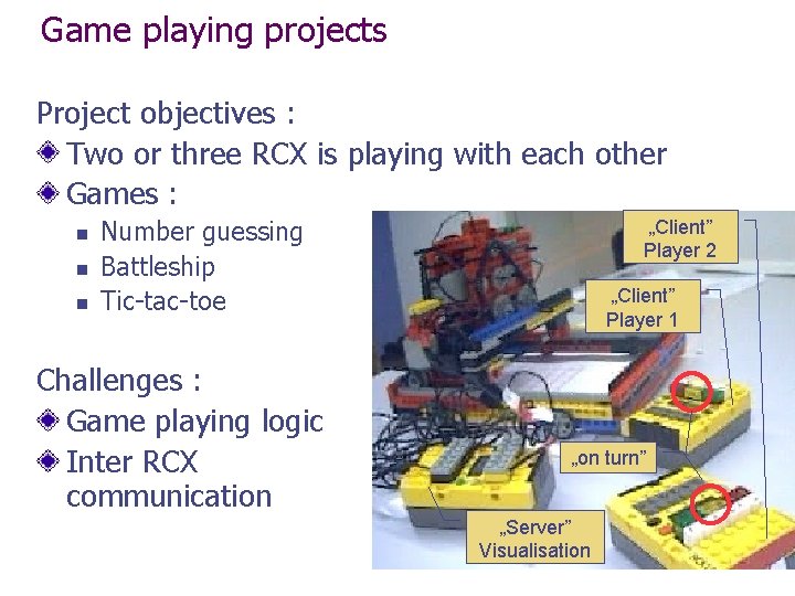 Game playing projects Project objectives : Two or three RCX is playing with each