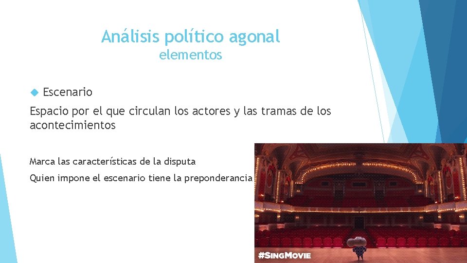 Análisis político agonal elementos Escenario Espacio por el que circulan los actores y las