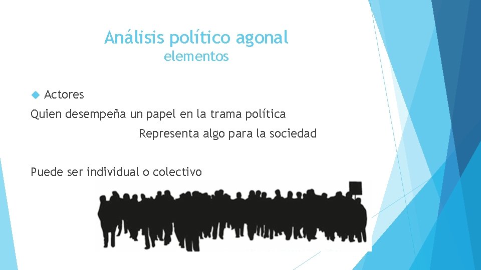 Análisis político agonal elementos Actores Quien desempeña un papel en la trama política Representa