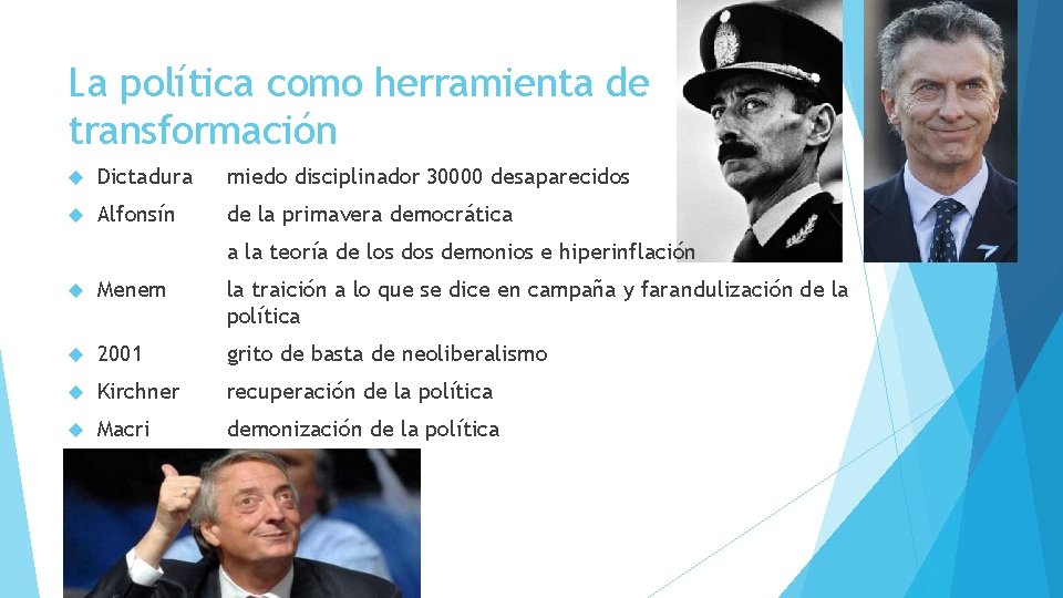 La política como herramienta de transformación Dictadura miedo disciplinador 30000 desaparecidos Alfonsín de la