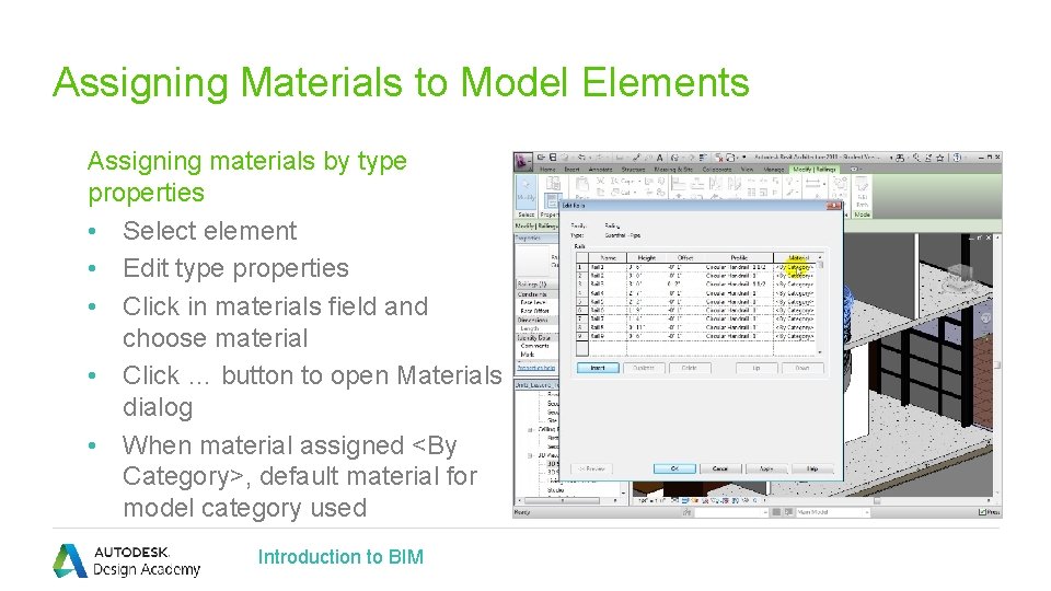 Assigning Materials to Model Elements Assigning materials by type properties • Select element •
