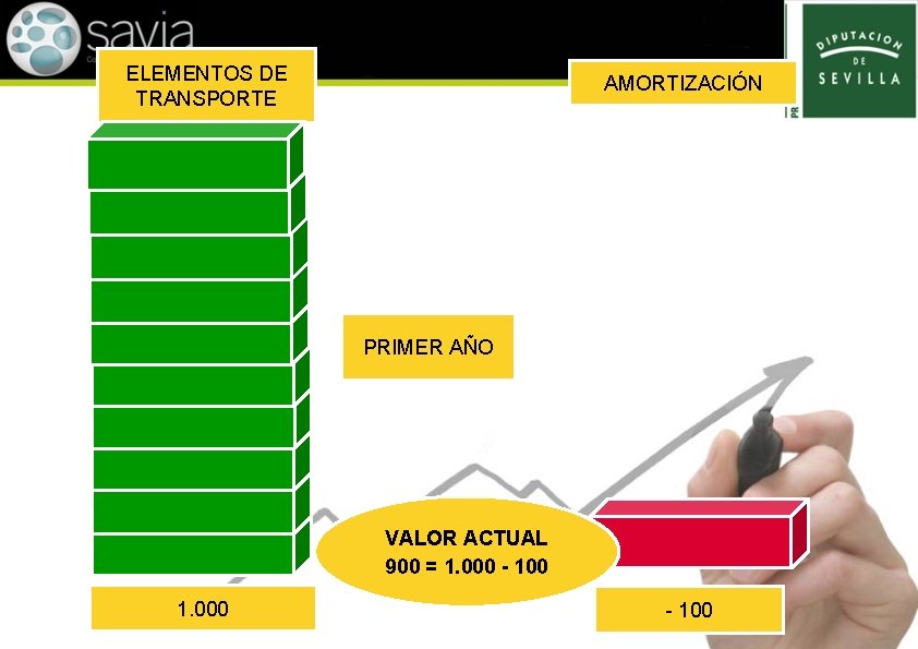 ELEMENTOS DE TRANSPORTE AMORTIZACIÓN PRIMER AÑO VALOR ACTUAL 900 = 1. 000 - 100