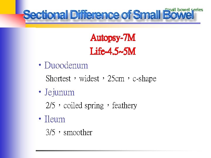 Small bowel series Autopsy-7 M Life-4. 5~5 M • Duoodenum Shortest，widest，25 cm，c-shape • Jejunum