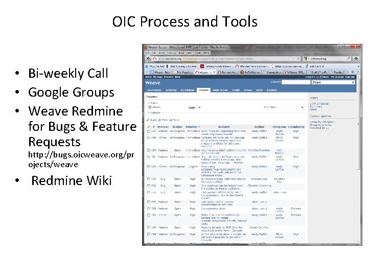 OIC Process and Tools • Bi-weekly Call • Google Groups • Weave Redmine for