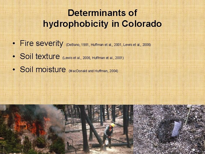 Determinants of hydrophobicity in Colorado • Fire severity • Soil texture (De. Bano, 1981,