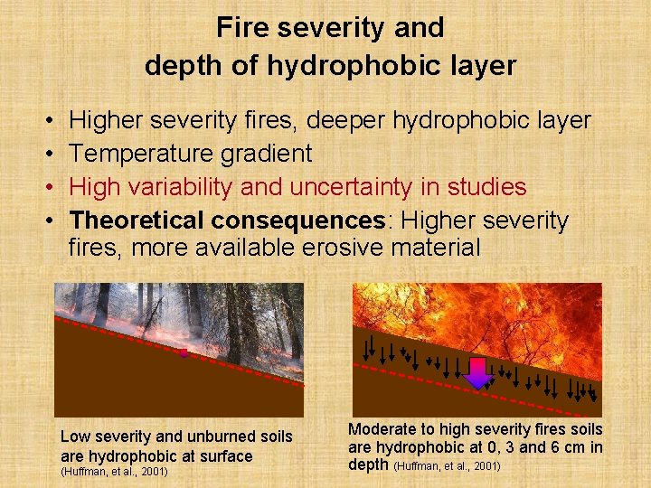 Fire severity and depth of hydrophobic layer • • Higher severity fires, deeper hydrophobic