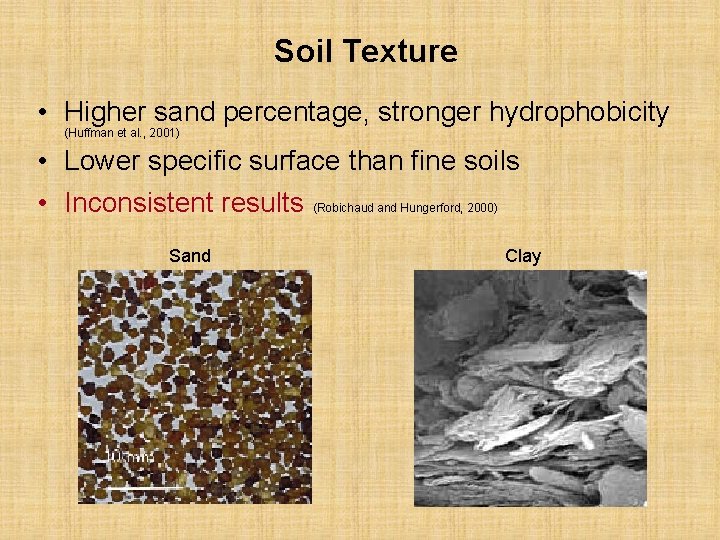 Soil Texture • Higher sand percentage, stronger hydrophobicity (Huffman et al. , 2001) •
