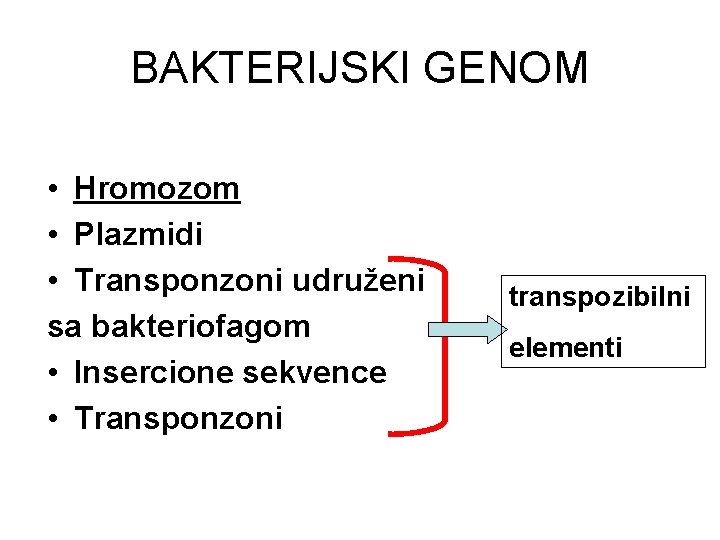 BAKTERIJSKI GENOM • Hromozom • Plazmidi • Transponzoni udruženi sa bakteriofagom • Insercione sekvence