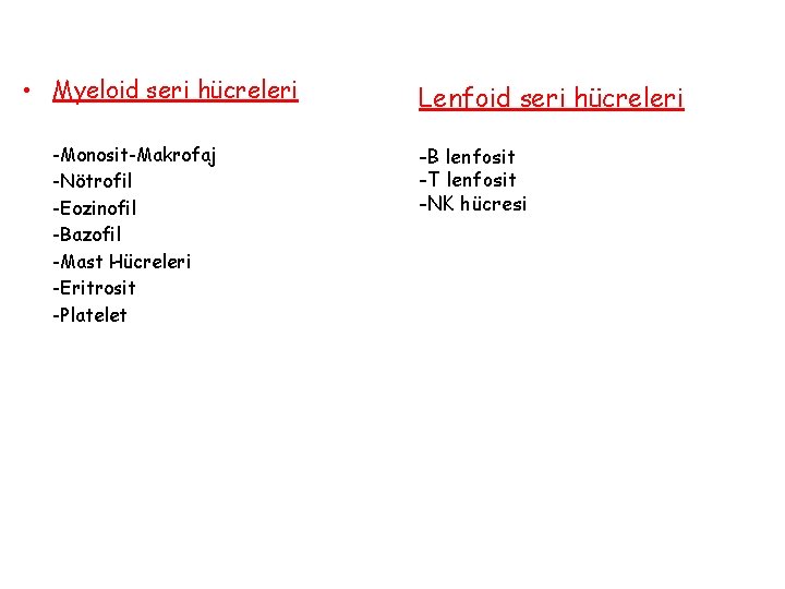  • Myeloid seri hücreleri -Monosit-Makrofaj -Nötrofil -Eozinofil -Bazofil -Mast Hücreleri -Eritrosit -Platelet Lenfoid