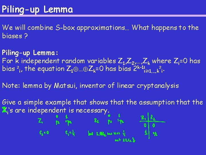 Piling-up Lemma We will combine S-box approximations… What happens to the biases ? Piling-up