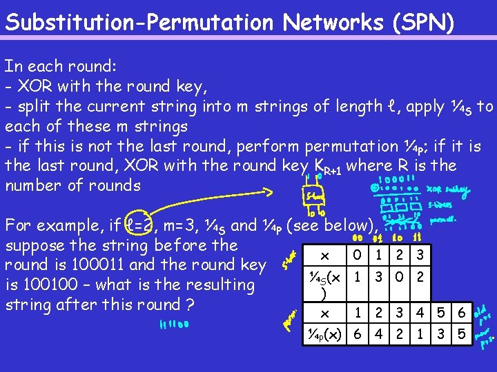 Substitution-Permutation Networks (SPN) In each round: - XOR with the round key, - split