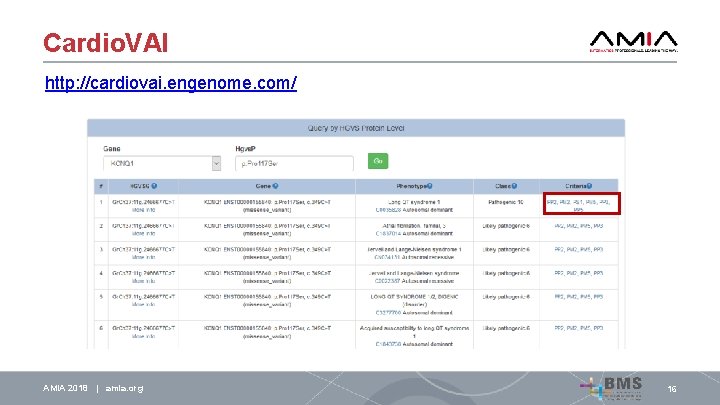 Cardio. VAI http: //cardiovai. engenome. com/ AMIA 2018 | amia. org 16 