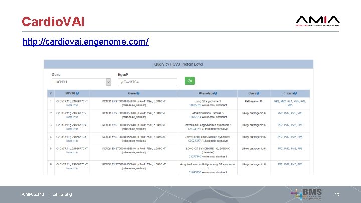 Cardio. VAI http: //cardiovai. engenome. com/ AMIA 2018 | amia. org 16 