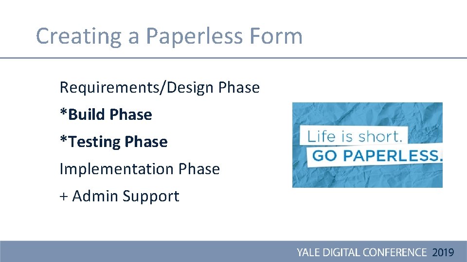 Creating a Paperless Form Requirements/Design Phase *Build Phase *Testing Phase Implementation Phase + Admin