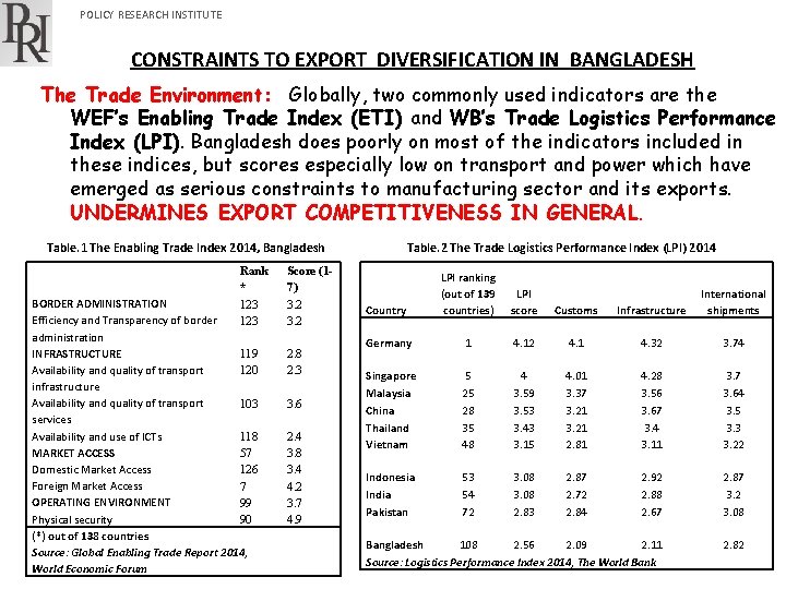 POLICY RESEARCH INSTITUTE CONSTRAINTS TO EXPORT DIVERSIFICATION IN BANGLADESH The Trade Environment: Globally, two