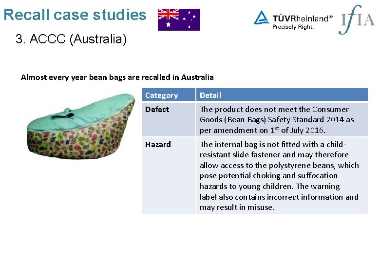 Recall case studies 3. ACCC (Australia) Almost every year bean bags are recalled in
