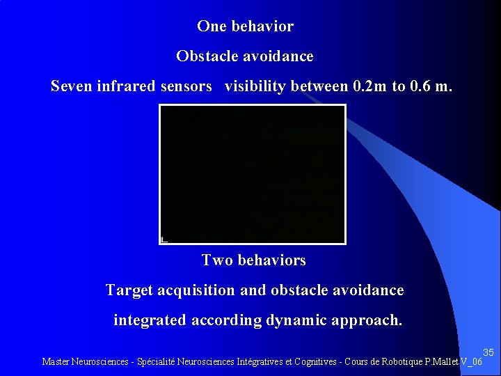  One behavior Obstacle avoidance Seven infrared sensors visibility between 0. 2 m to