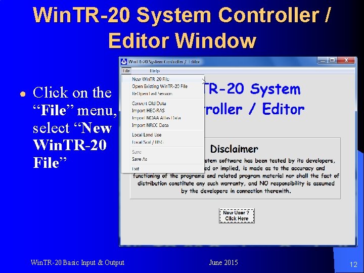 Win. TR-20 System Controller / Editor Window ● Click on the “File” menu, select