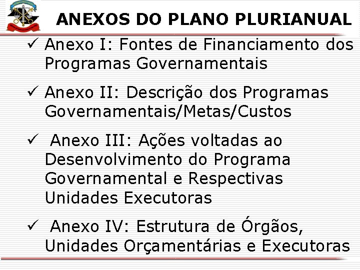 X ANEXOS DO PLANO PLURIANUAL ü Anexo I: Fontes de Financiamento dos Programas Governamentais