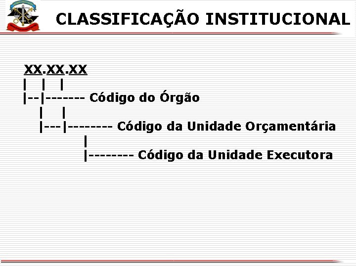 X CLASSIFICAÇÃO INSTITUCIONAL XX. XX | |--|------- Código do Órgão | | |-------- Código