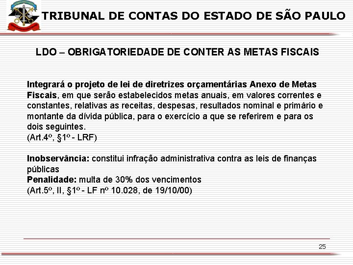 TRIBUNAL DE CONTAS DO ESTADO DE SÃO PAULO LDO – OBRIGATORIEDADE DE CONTER AS