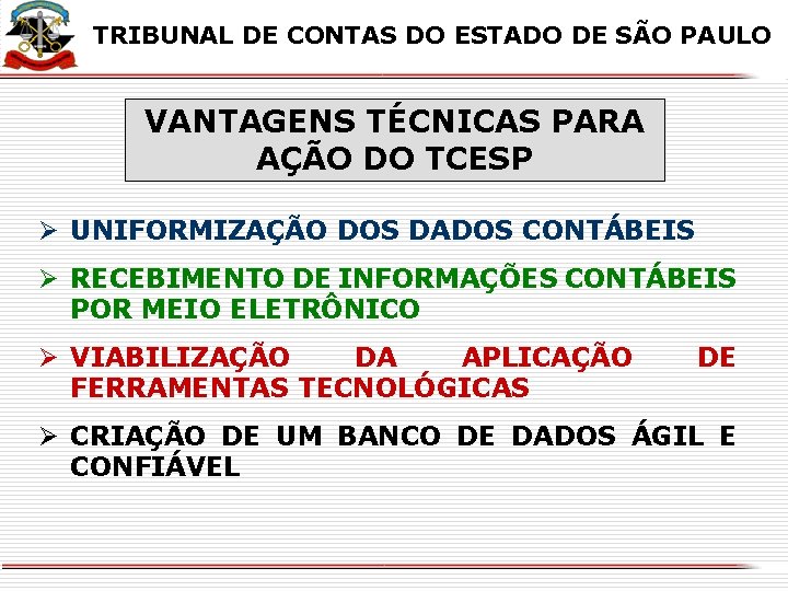 X TRIBUNAL DE CONTAS DO ESTADO DE SÃO PAULO VANTAGENS TÉCNICAS PARA AÇÃO DO